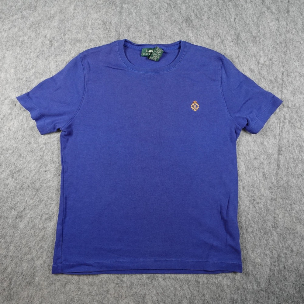 Vintage Ralph Lauren Top Women Medium Blue Cotton Crest Logo Short Sleeve Tee
